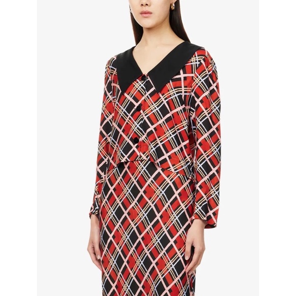 NWT!! RIXO Rylee Collar Satin Top Blouse Plaid Buttons Retro Academia Size 12 - Picture 1 of 15